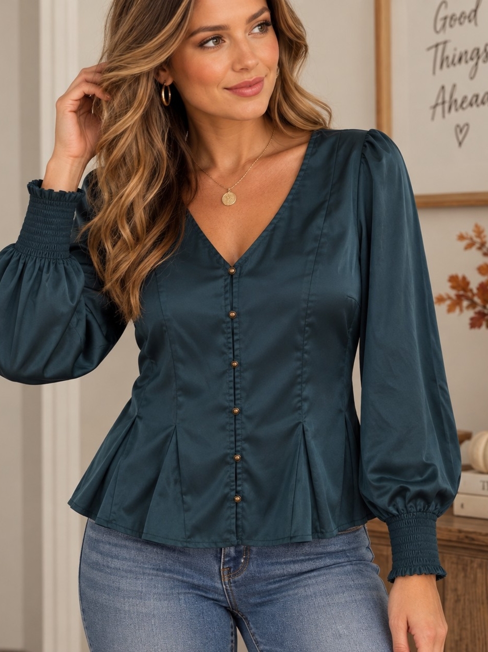 Maurices Women’s Small Teal Satin Peplum Blouse V Neck Button Front